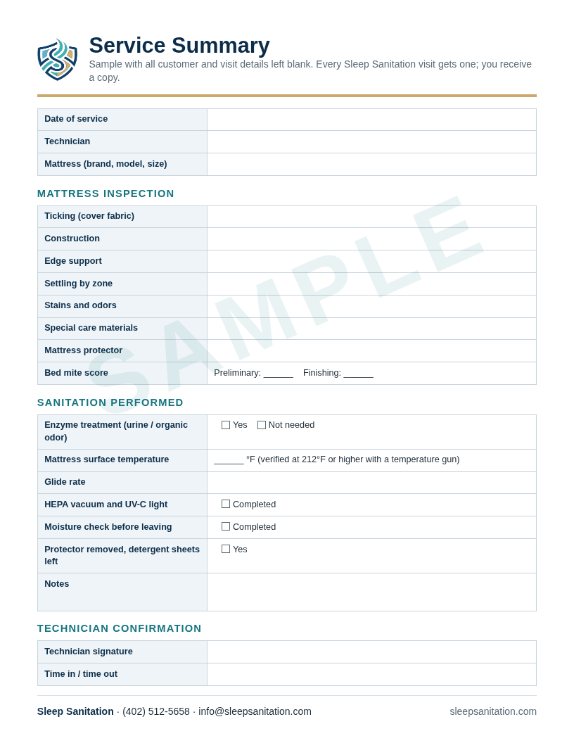Blank sample Sleep Sanitation Service Summary with mattress inspection, sanitation performed and technician confirmation sections